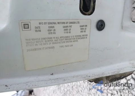 1996 Buick Regal Custom из США, поврежденный, VIN 2G4WB52K1T1478495